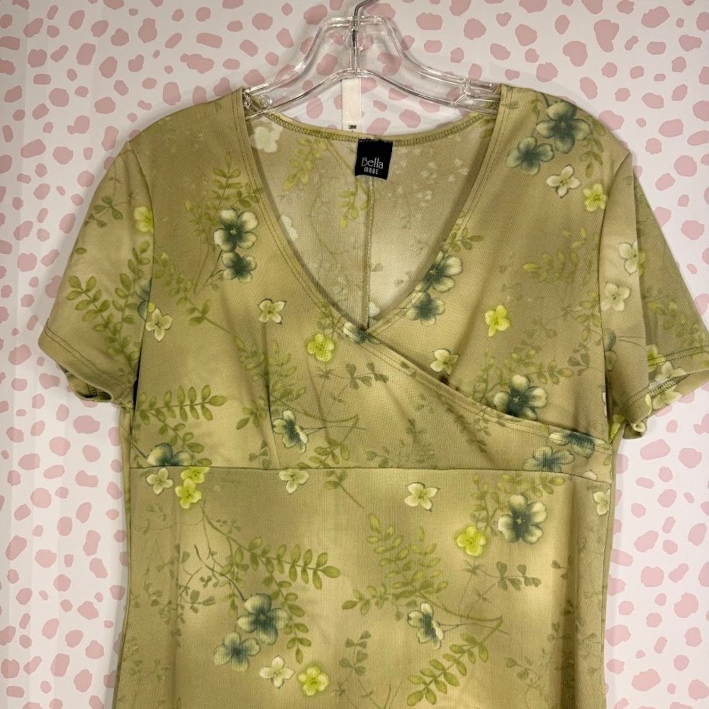 Vintage Y2K Green Floral Long Dress Babydoll Short Sleeve Fairy Grunge 90s - Picture 3 of 4